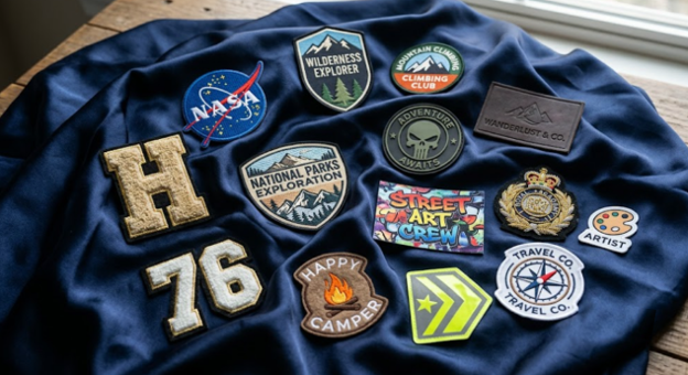 Different types of custom patches kept on a silk cloth.