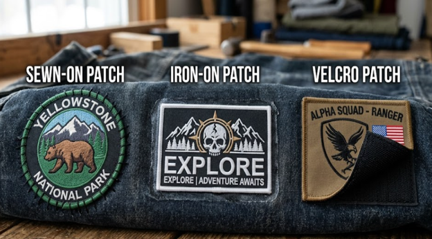 Three popular patch backing options for custom patches applied to a denim jacket.