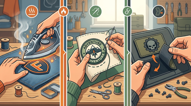 an image showing the difference between iron on, sew on, and velcro patches.