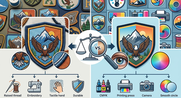 the image showing the clear difference between embroidery vs printed patches.