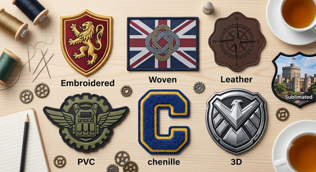 All types of patches placed on a wooden table along with other tools and teacups.