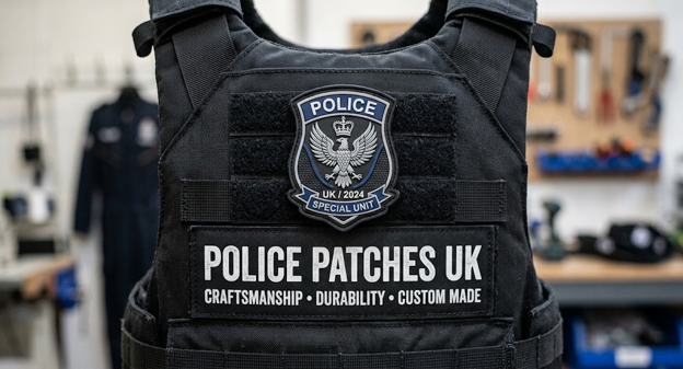 Custom PVC UK police patch mounted on a tactical vest featuring a crest design, Velcro backing, and printed text.