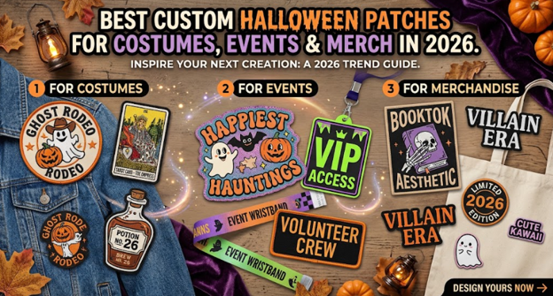 Banner for "Best Custom Halloween Patches for Costumes, Events & Merch in 2026" featuring embroidered custom patch designs displayed on denim, wooden surfaces, and tote bags.