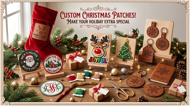 Custom Christmas patches attached to gifts and decor kept on a table.